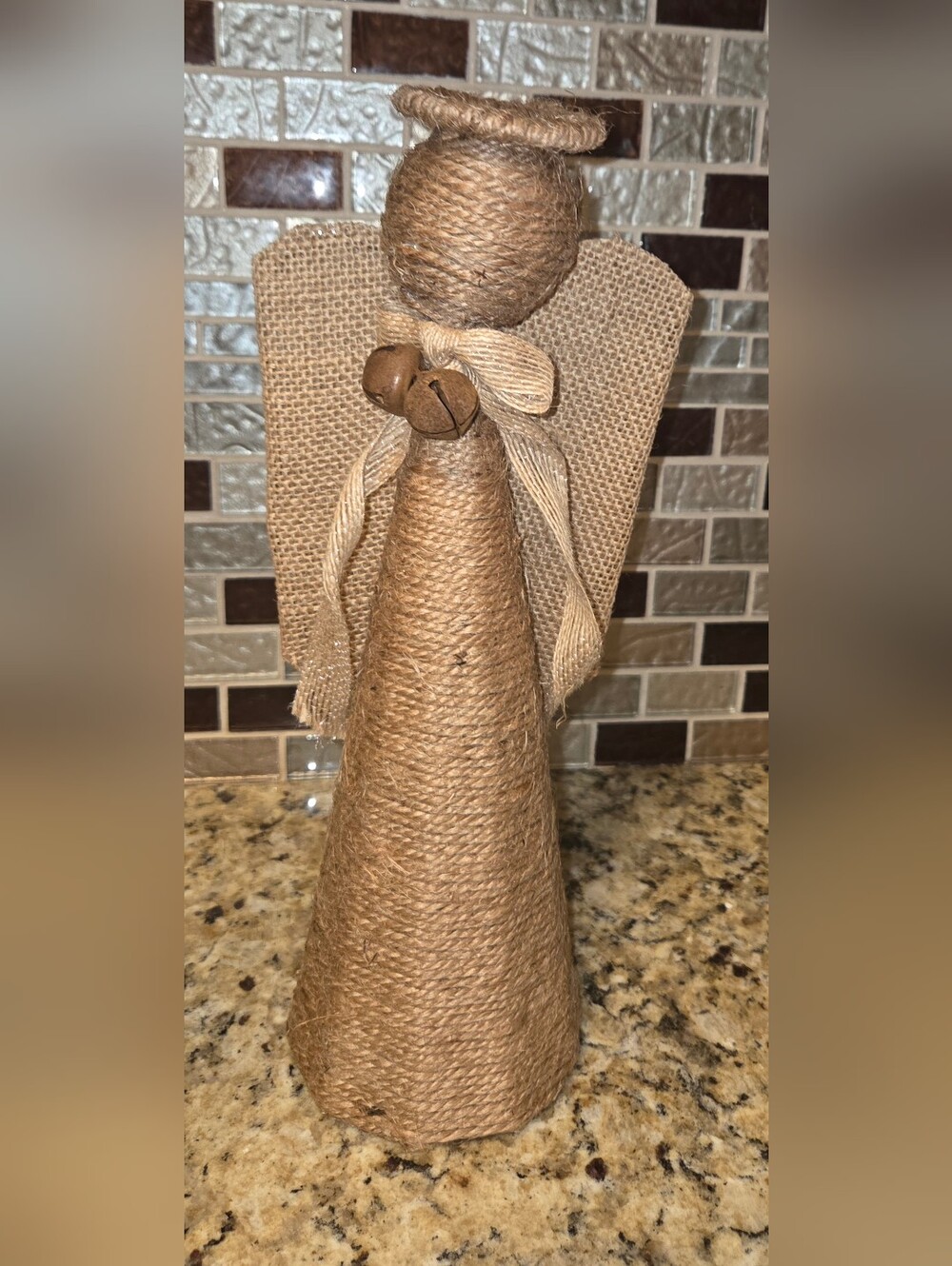 VTG Rustic twine and burlap angel tree topper Or Free Standing Angel 11.5"